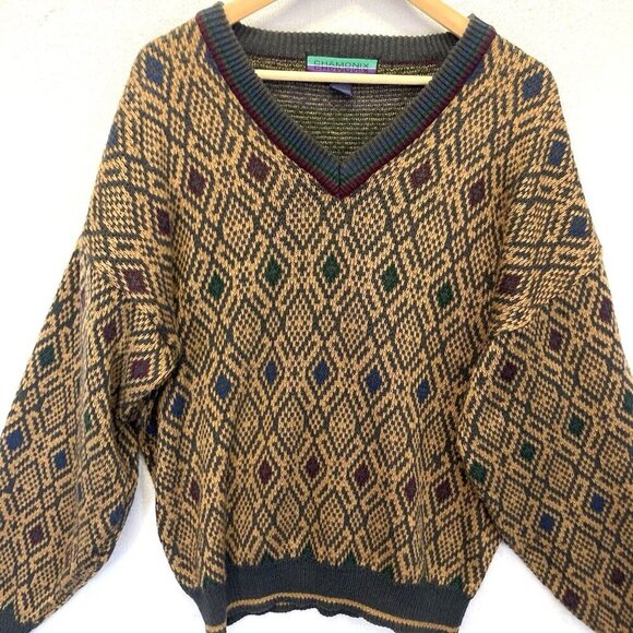 Vintage Chamonix Pullover Sweater Mens XL Brown V-Neck Acrylic Argyle Grandpa - Picture 1 of 14